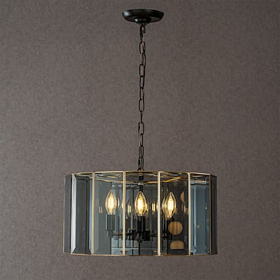 CraftHome 5-Light 20'' Modern Smoked Glass Drum Brass Chandelier For Dining Room Living Room - W20''