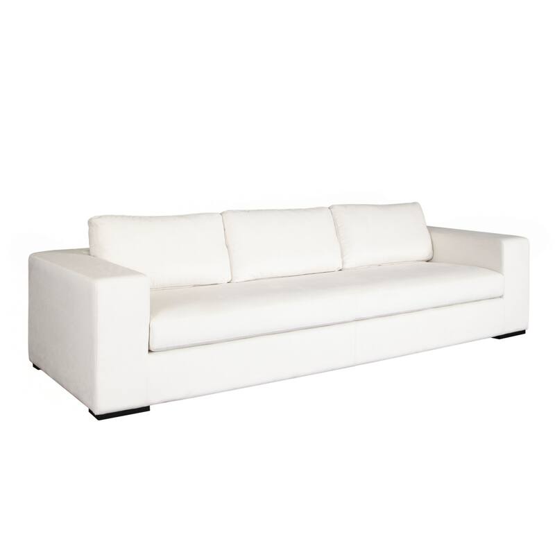 Lipi Modern Sofa, Mist White Fabric w Track Arms, 110 Inch, 4 Accent Pillows
