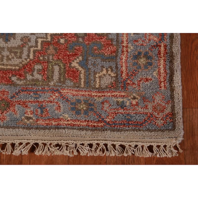 Hand Knotted Oriental 100% Wool Carpet Traditional Geometric Greys & Charcoal Heriz (serapi) Runner Rug - 8' 2'' X 2' 7''