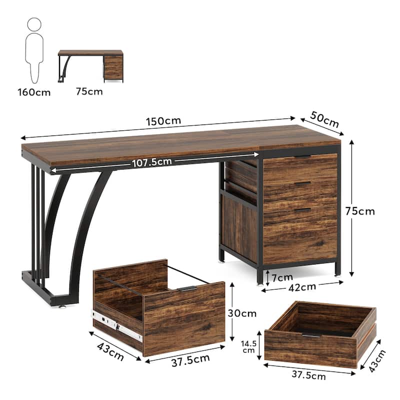 59 inch Reversible Computer Desk with 3 Drawer Cabinet, Industrial Study Writing Table Workstation for Home Office Bedroom