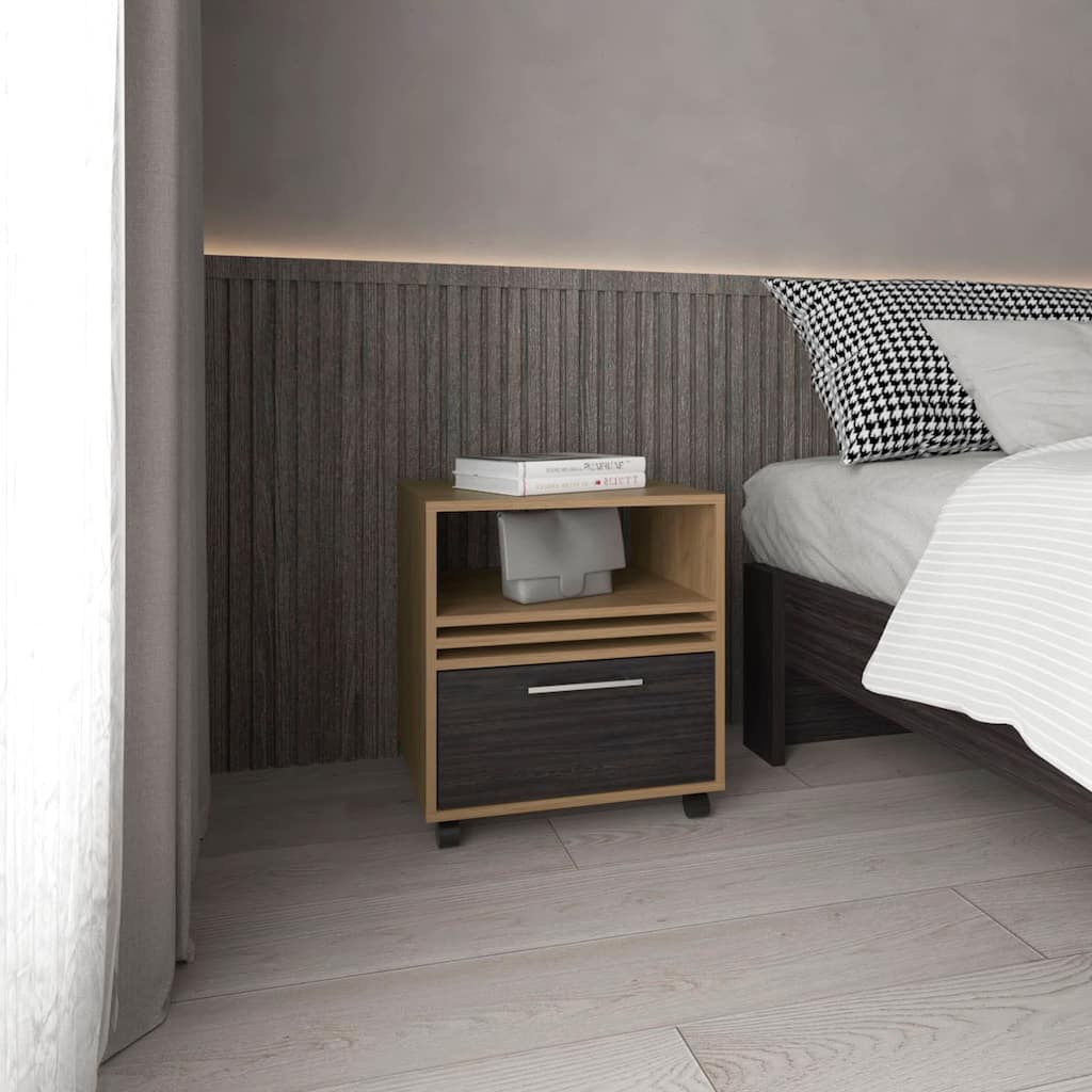 Natural Oak Nightstand with Drawer, Wheels, and Shelf for Modern Bedrooms