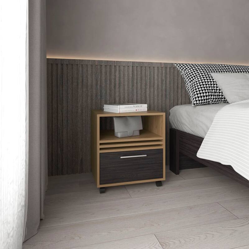 Natural Oak Nightstand with Drawer, Wheels, and Shelf for Modern Bedrooms - Beige+Black
