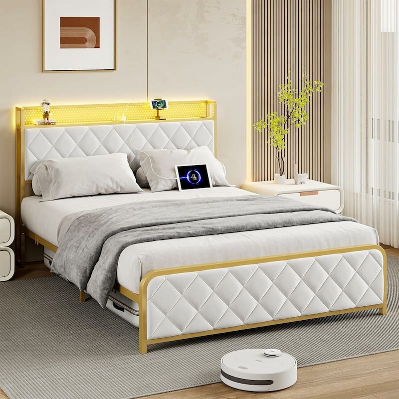 Velvet Upholstered Bed Frame with LED Light and Charging Station