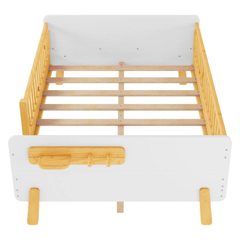 Kids Wood Platform Bed with Guardrails, Bottle Holder and 2 Hanging Rod, Convertible Toddler Daybed, Low Profile Design Frame