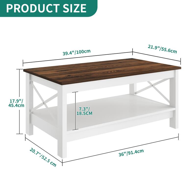 Farmhouse Coffee Table with Storage 2-Tier Center Table for Living Room