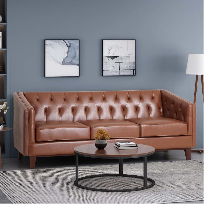 81" Faux Leather 3-Seat Couch Sofa, Wood Frame Loveseat with Armrests, Small Space Couches for Living Room, Office - Light Brown