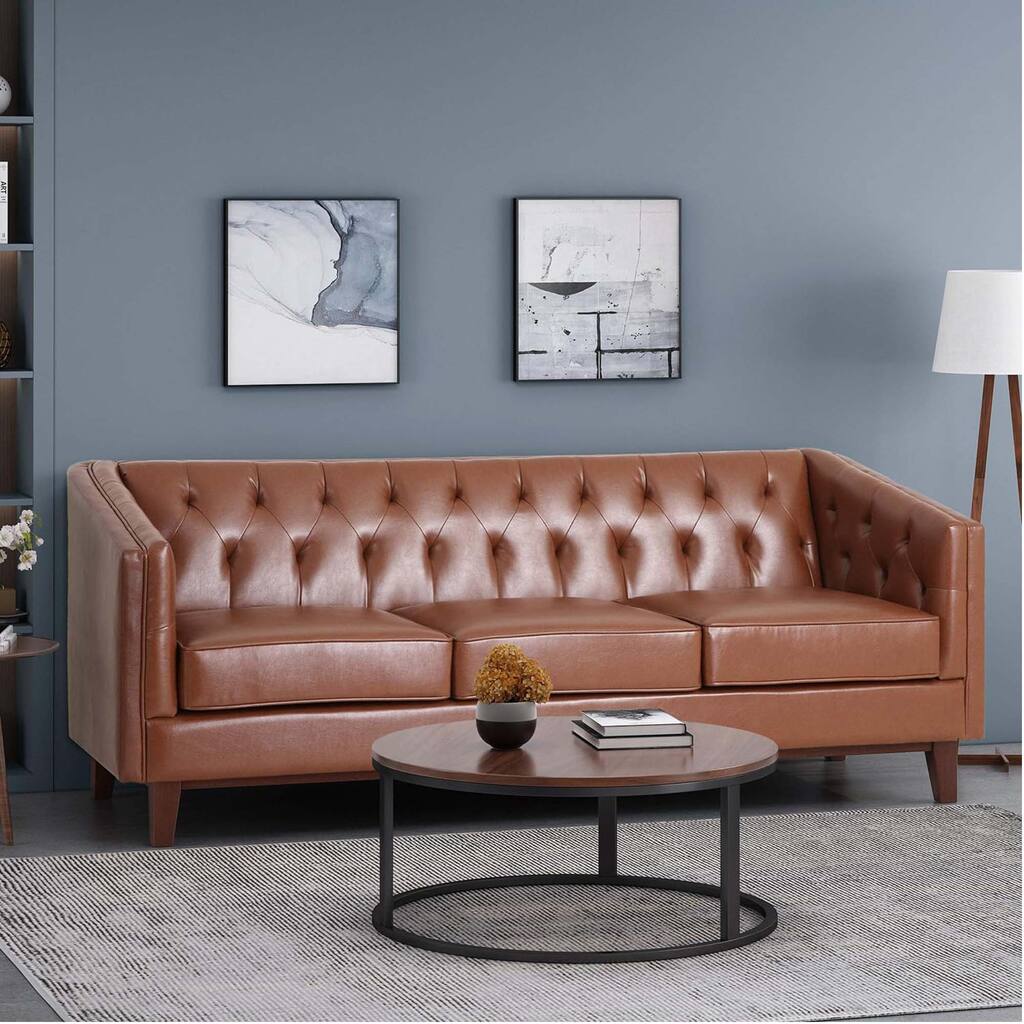 Modern 81" Faux Leather Button Tufted 3-Seater Sofa with Wood Legs