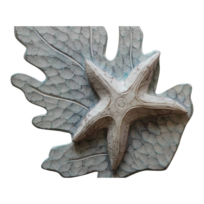 White Starfish on Aqua Reef Carved Wood Wall Plaque 11 Inches - White,Aqua
