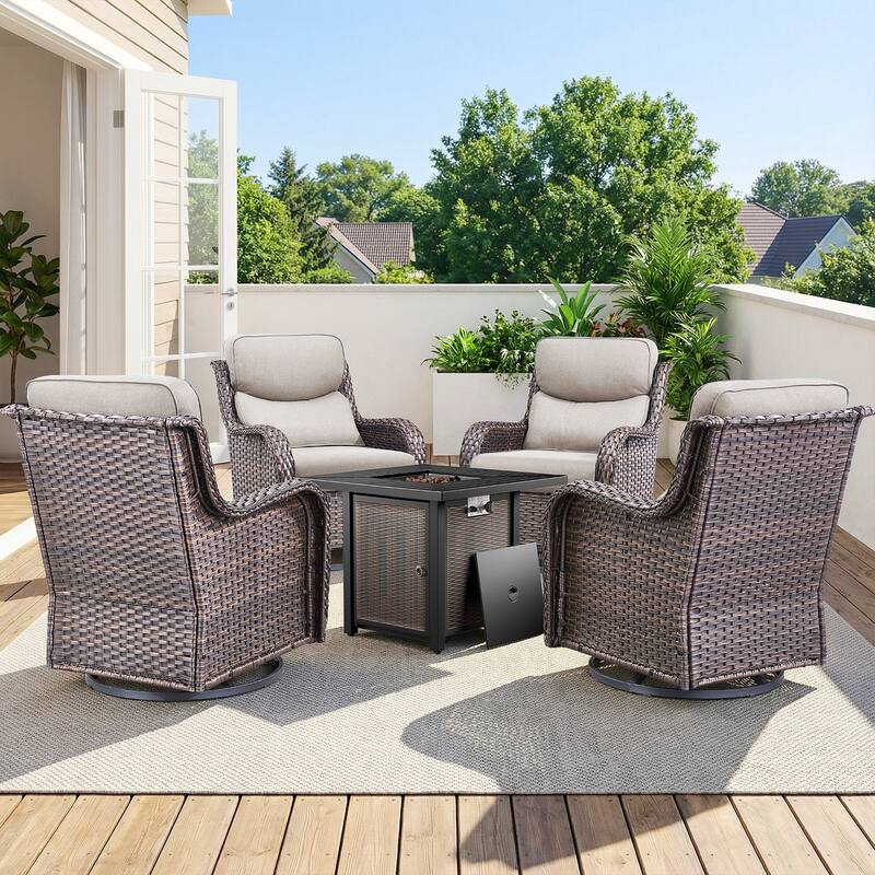 Pocassy 30 In Outdoor Fire Pits with Patio Sofa Swivel Glider Chari Furniture. - Brown Wicker Beige Cushion - 5-Piece Swivel Chair w/ Fie Pit Table