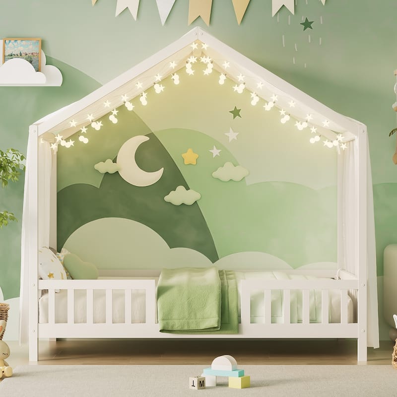 House-Shaped Twin Bed with Canopy and Railings for Kids, Montessori Floor Bed, White