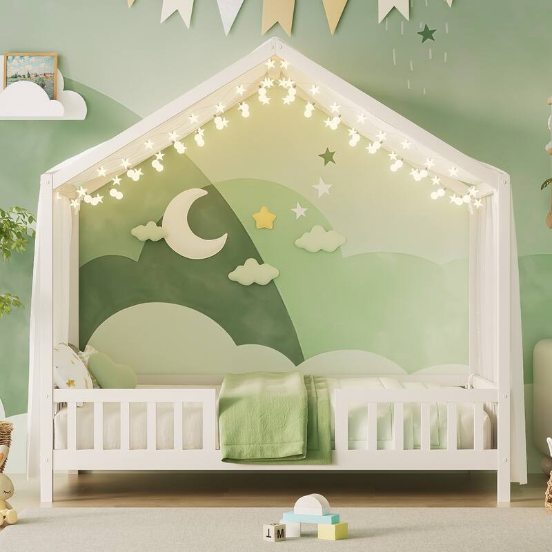 Roomfitters Montessori Floor Bed with Canopy, House Shape Wood Frame with Safety Rails, Youth Platform Bed - White - Twin