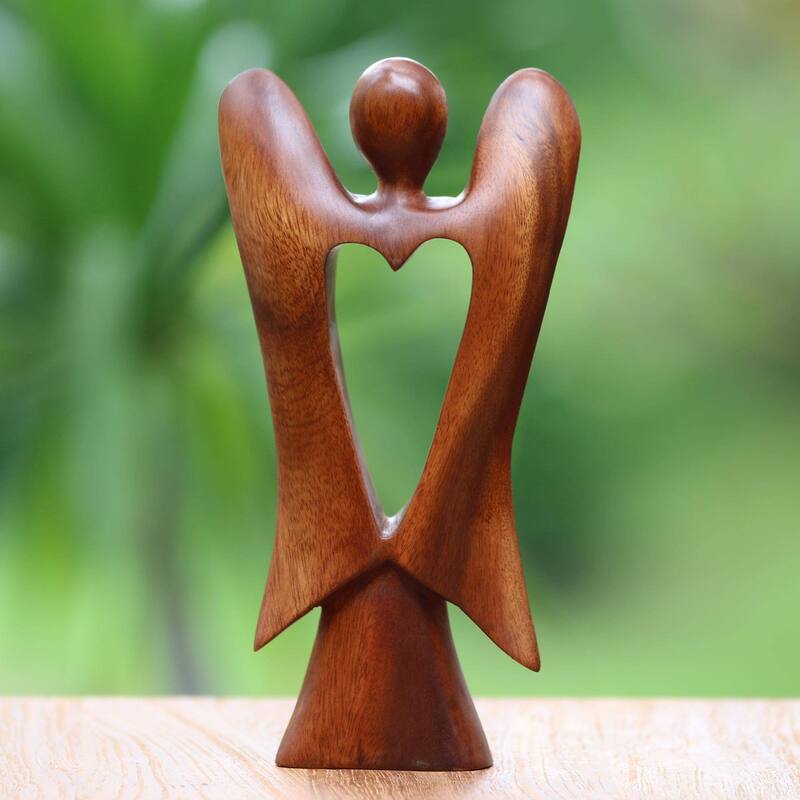 NOVICA Handmade Heart Of An Angel Wood Figurine (Indonesia) - 9.75" H x 5" W x 1.8" D