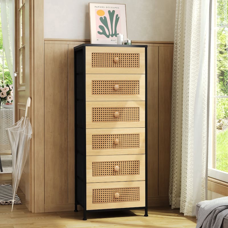 6 Drawers Chest - Vertical Storage Tower Steel / Wood / Fabric Dresser - Black&Natural - 6-drawer