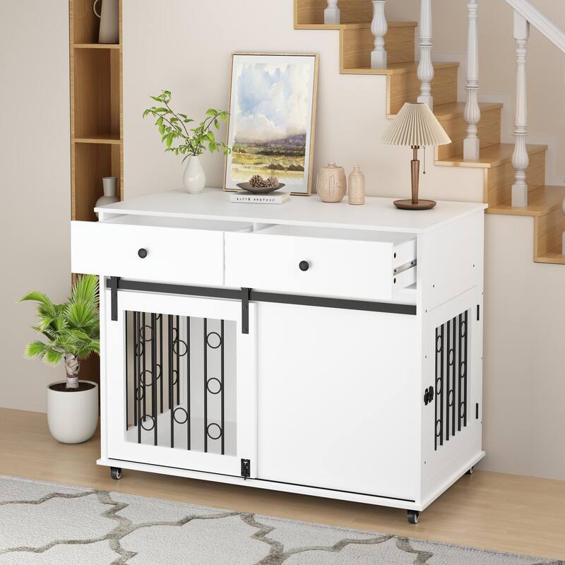 39.37" Dog Crate Furniture with Double Drawers and Sliding Barn Door, Decorative Pet Kennel End Table with Lockable Wheels