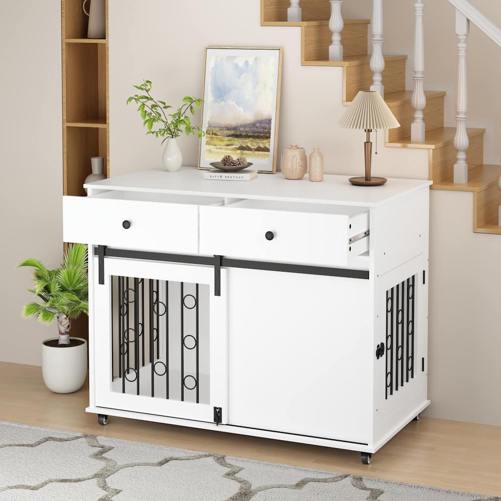 Wooden Dog Crate with Lockable Wheels, 2 Drawers & Sliding Barn Door, Decorative Pet Kennel End Table for Small to Medium Dogs