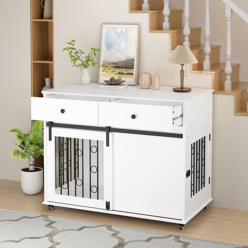 Wooden Dog Crate with Lockable Wheels, 2 Drawers & Sliding Barn Door, Decorative Pet Kennel End Table for Small to Medium Dogs - White