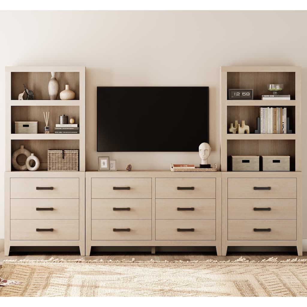 WAMPAT Farmhouse Entertainment Center with Bookshelves, Media Console & Storage Drawers