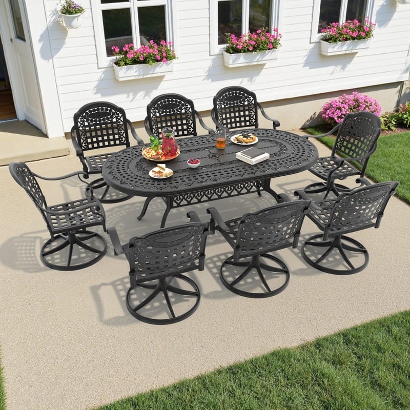 9-Piece Aluminum Oval Outdoor Patio Dining Set, 8 Cushioned Swivel Chairs, Table, All-Weather Frames