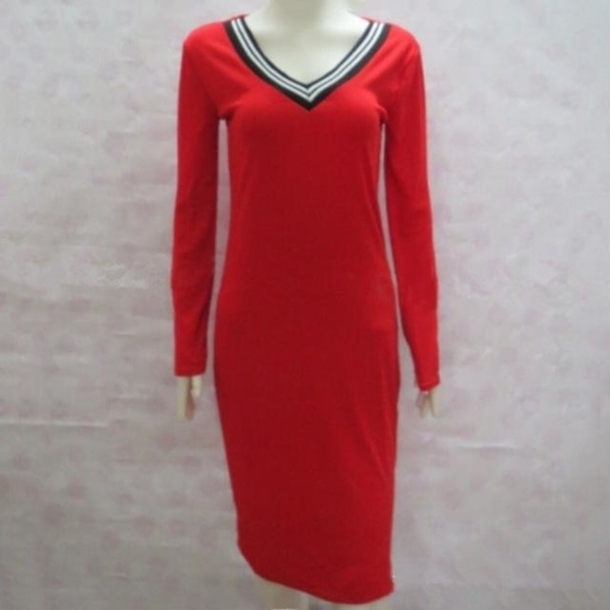 Shop Hot Gray Black Red Blue Tight Neck V Knee Length Pencil