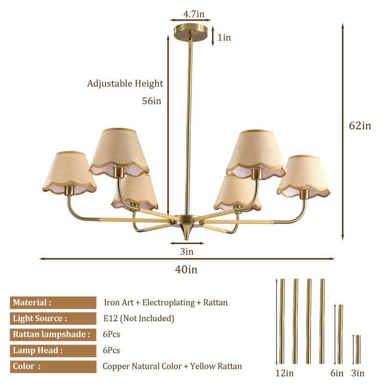 Medieval-Style Gold 6-Lamp Chandelier with Hand-Woven Rattan Lampshade, for Dining Room, Living Room, Light Bulbs Not Included
