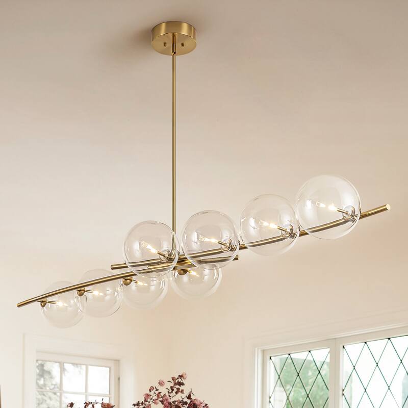 8-Light 69.6" Modern Gold Linear Clear Glass Globe Bubble Large Chandelier - 69.69 in. W x 23.62 in. D x 7.87 in. H - 69.69 in. W x 23.62 in. D x 7.87 in. H - Brushed Brass