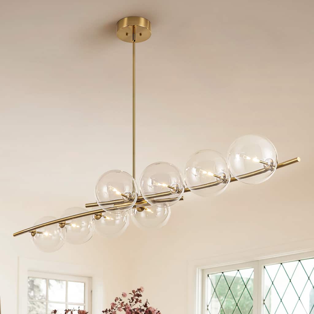 8-Light 69.6" Modern Gold Linear Clear Glass Globe Bubble Large Chandelier - 69.69 in. W x 23.62 in. D x 7.87 in. H