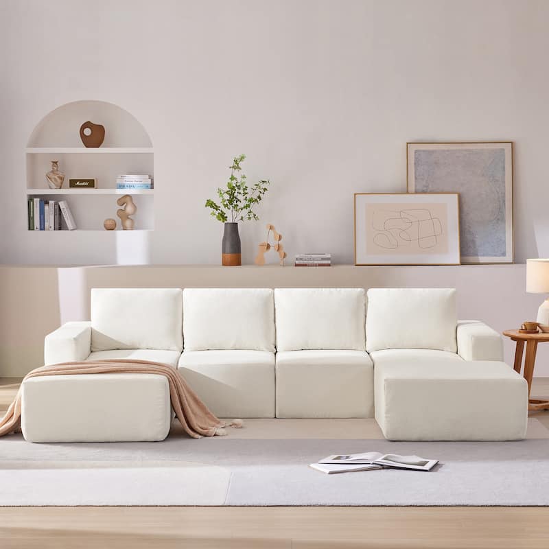 Modular U-Shaped Sectional Sofa with 2 Ottomans, Chenille Cloud Floor Couch, Fully Compressed Upholstered Sofa