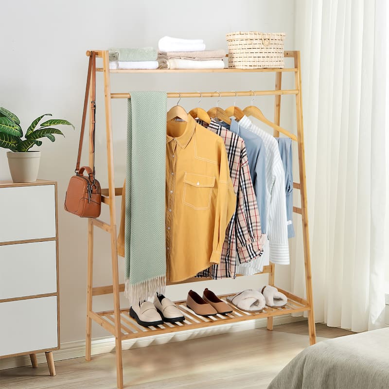 3Tier Bamboo Clothing Rack Freestanding Clothes Organizer with Shelves