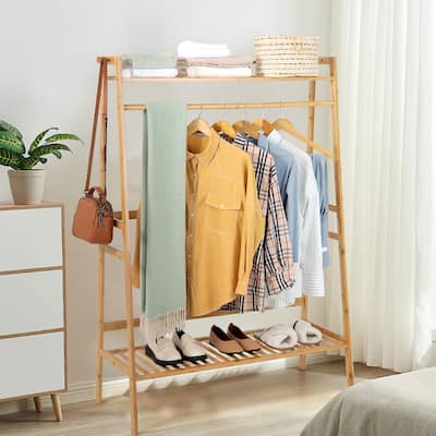 3Tier Bamboo Clothing Rack Freestanding Clothes Organizer with Shelves