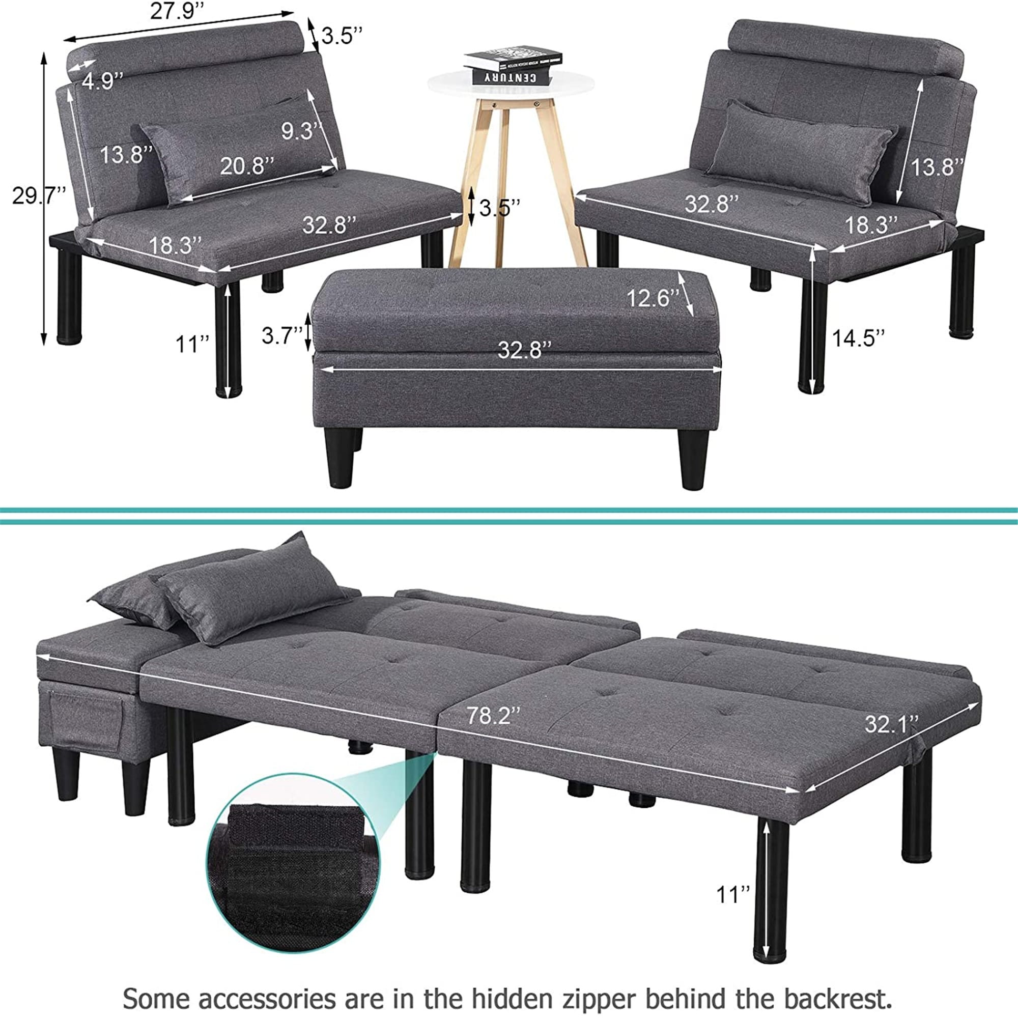 Futon Sofa Bed Couch and Sleeper with Storage Ottoman Footstool or Coffee  Table and 2 Lumbar Pillows,Small, Metal Leg, Linen - Bed Bath & Beyond -  33231609