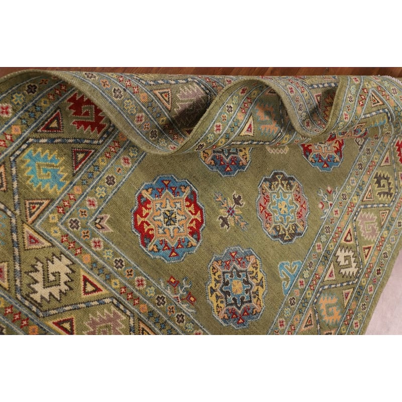 Geometric Kazak Oriental Area Rug Handmade Green Wool Carpet - 4'0" x 6'2"