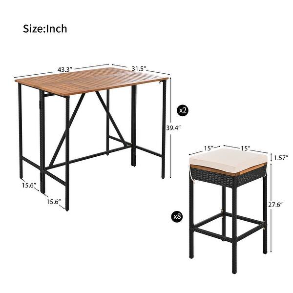 10 Piece Acacia Wood Outdoor Bar Height Table and Stools with Cushions, All Weather PE Wicker Dining Table, Foldable Tabletop