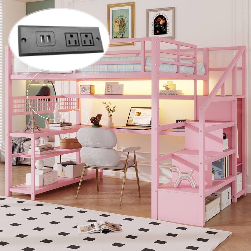 Full Size Metal Loft Bed Frame with Staircase, Wardrobe, Desk, Mesh Board, Storage Shelves, Pocket, LED Lights, Charging Station