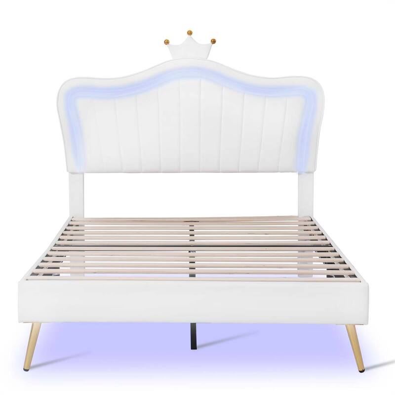 Princess Upholstered Bed Frame with LED Lights and Crown Headboard