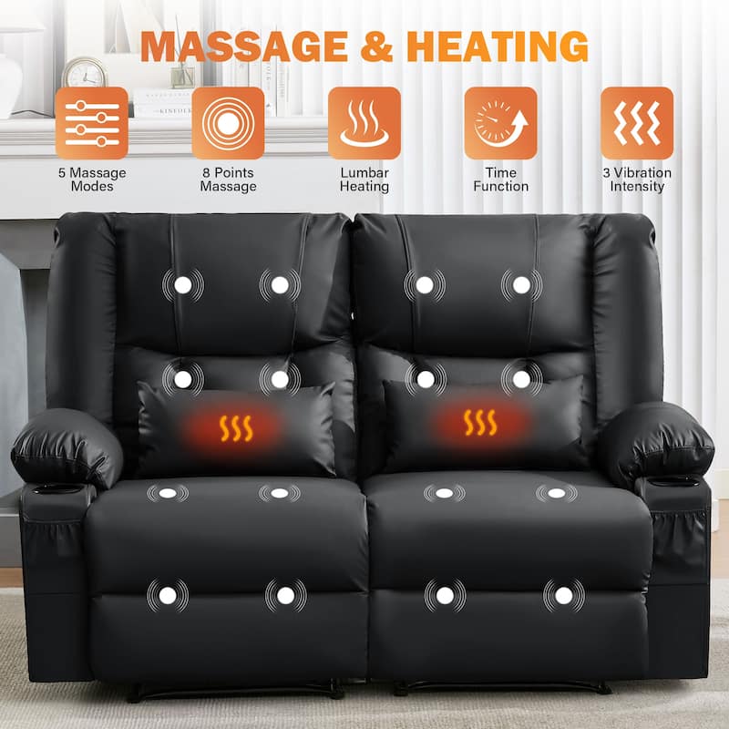 Manual Recliner Loveseat with Massage & Heating, Cup Holders & Side Pocket for Living Room