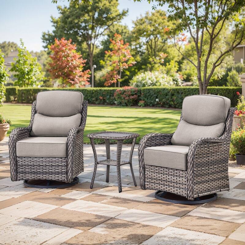Outdoor Swivel Wicker Patio Chairs Set with Side Table - Swivel Chair with Side Table - Grey Rattan - Grey Cushion
