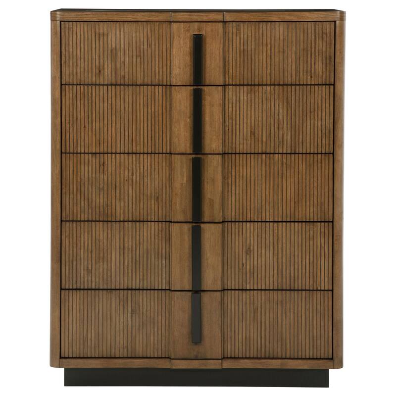 Reon Tall Dresser Chest, 5 Drawers, Decorative Reeded Ash Brown Black