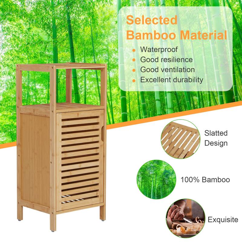Bathroom Cabinet w/ 5 Hooks, Multifunctional Bamboo Storage Organizer w/ Door and Shelf, Free Standing Kitchen Cupboard