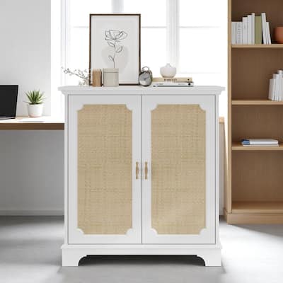 Sideboard Buffet Storage Cabinet with Rattan Doors, Console Table with Adjustable Shelves, White Wood Finish