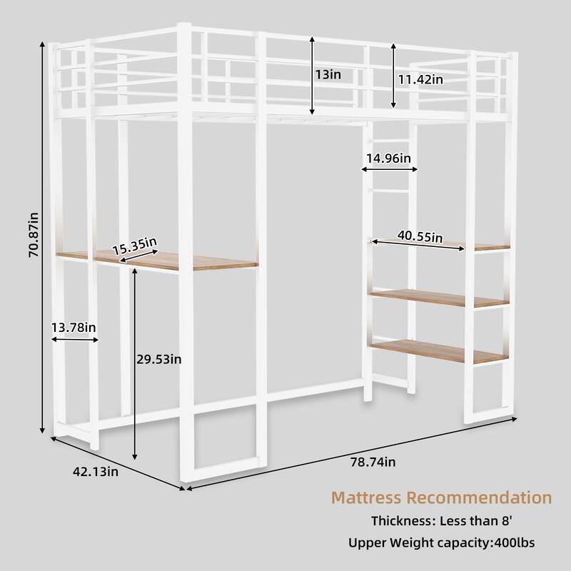 Iron frame bed with bed and table with stairs on both sides