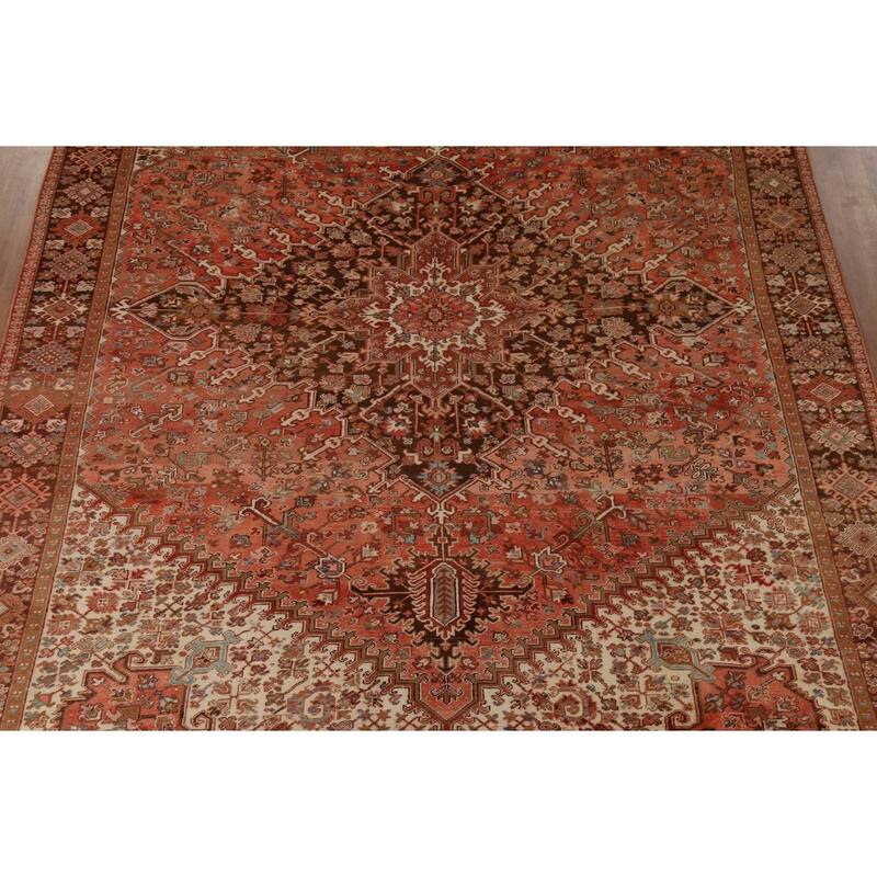 Orange Heriz Persian Vintage Area Rug Handmade Medallion Wool Carpet - 9'7"x 13'0"