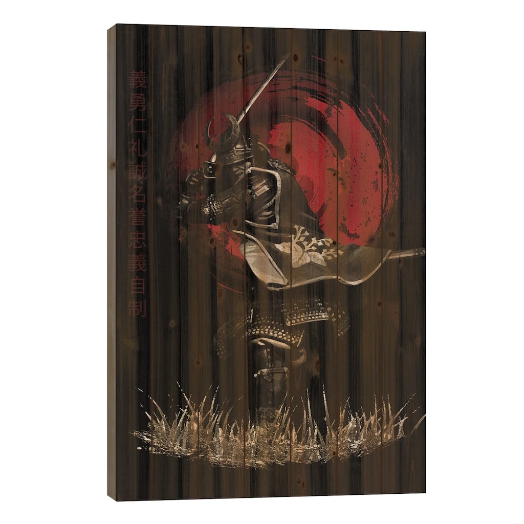 Bushido Samurai Attacking Print On Wood by Cornel Vlad - Multi-Color