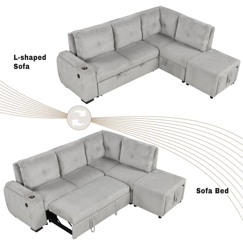 94" Corduroy Sectional Sofa Bed with Ottoman, Storage & USB Ports