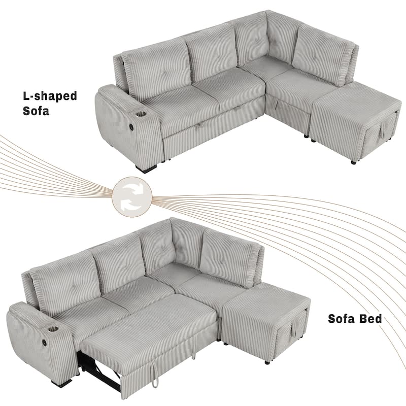 94" L Shaped Sectional Sleeper Sofa with Movable Ottoman and USB Ports