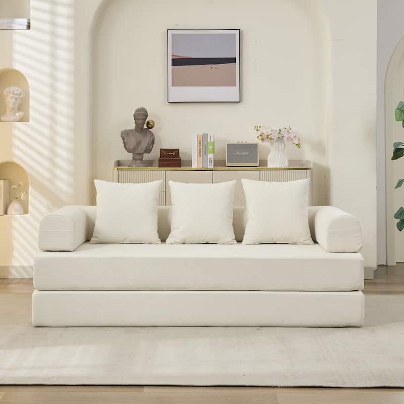 Chenille Floor Sofa Bed - Foldable Mattress Couch with Armrests, Convertible Lounge Chair for Living Room, Bedroom or Studio