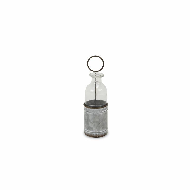 HomeRoots 8" Gray Galvanized Metal and Glass Jar Holder - 2.5" x H: 8"
