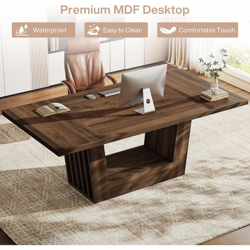63 Inches Brown Engineered Wood Executive Office Desk, Large Modern Computer Desk with Robust Base for Home Office