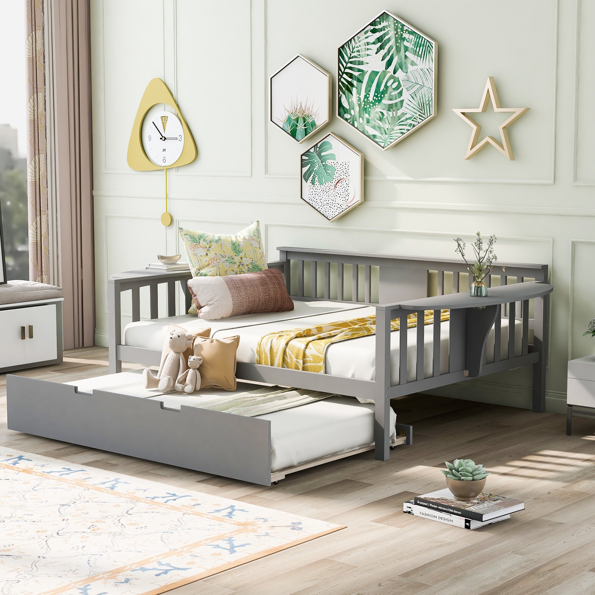 Full Size Daybed with Trundle Bed Wooden Sofa Bed for Bedroom