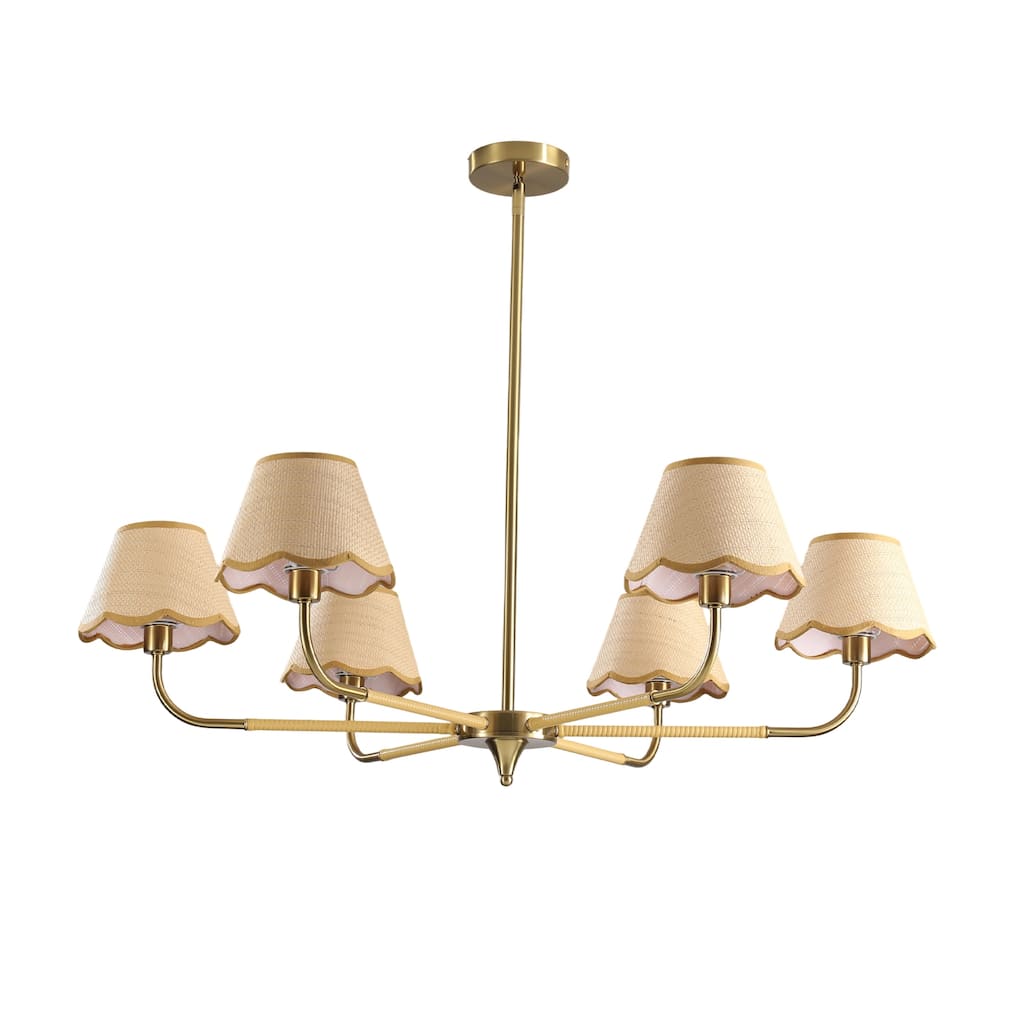 Medieval-Style Gold 6-Lamp Chandelier with Hand-Woven Rattan Lampshade, for Dining Room, Living Room, Light Bulbs Not Included