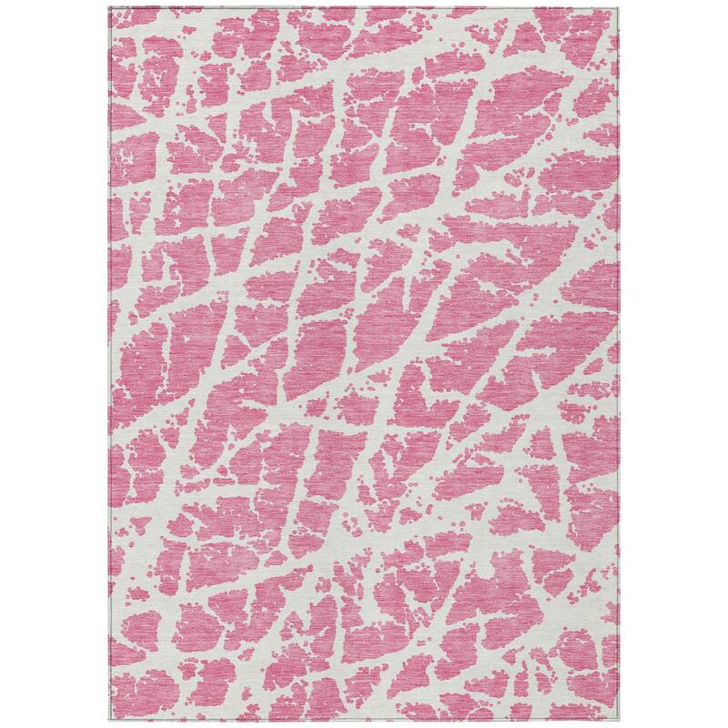 Machine Washable Indoor/ Outdoor Transitional Pink Crackle Chantille Rug